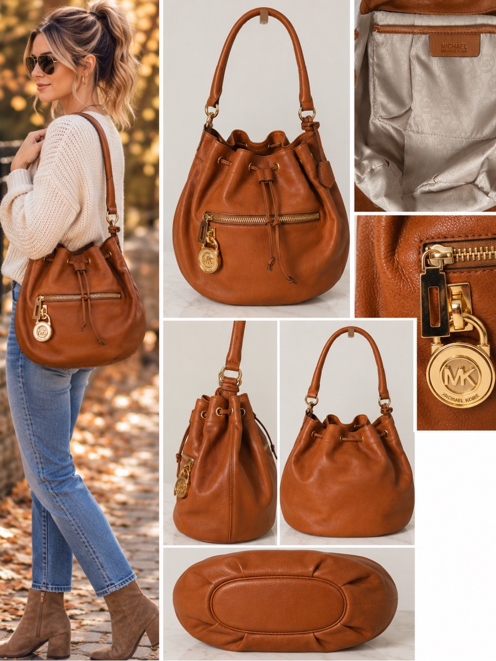 Michael Kors Frankie Cognac Leather Drawstring Bucket Hobo Shoulder Bag